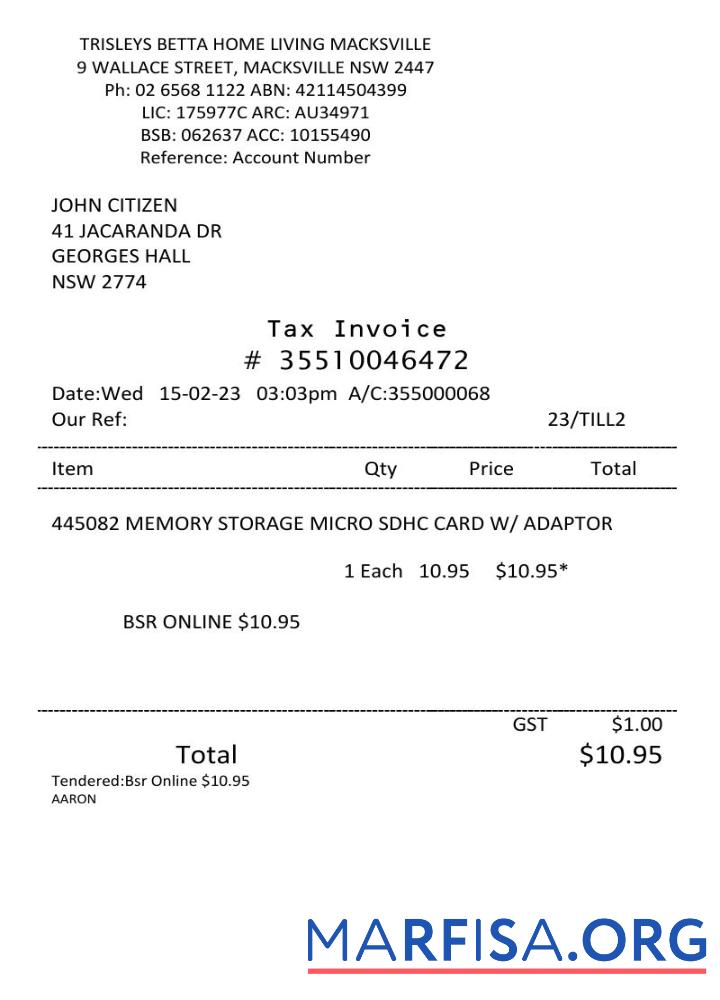 Printable USA Trisleys Betta Home tax invoice Word and PDF template